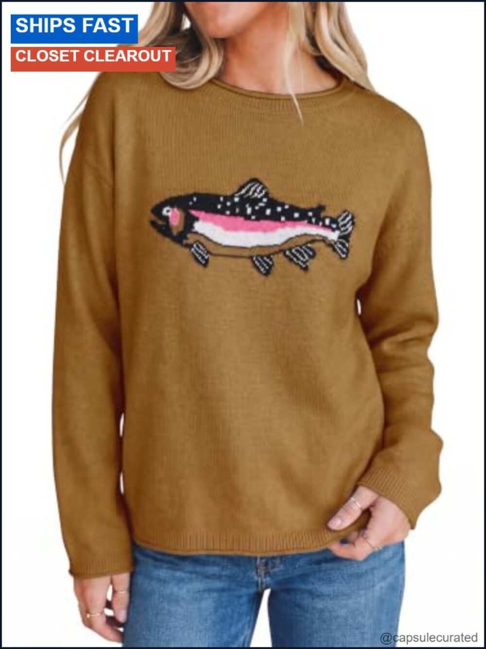 Fish Graphic Knit Long Sleeve Pullover Sweater Crew Neck